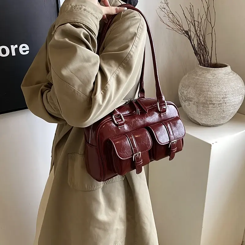 LEFTSIDE Small PU Leather Double Pockets Underarm Bags for Women 2024 Y2K New Luxury Shoulder Bag Females Handbags and Purses