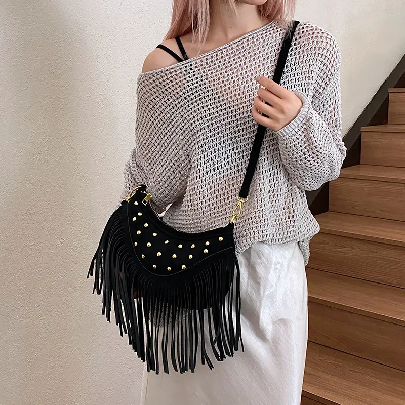 LEFTSIDE Rivets Design Small PU Leather Shoulder Bags for Women 2025 New Tassels Crossbody Bag Females ​Handbags and Purses