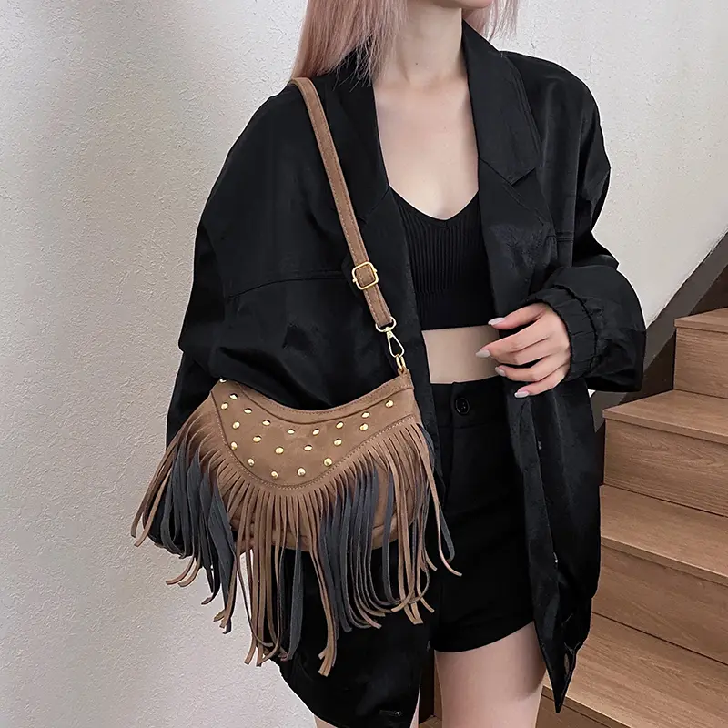 LEFTSIDE Rivets Design Small PU Leather Shoulder Bags for Women 2025 New Tassels Crossbody Bag Females ​Handbags and Purses