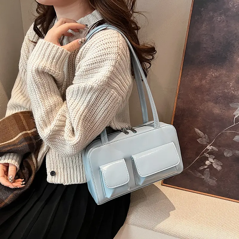 LEFTSIDE Small PU Leather Double Pockets Underarm Bags for Women 2024 Y2K Ladies Shoulder Bag Females Handbags and Purses
