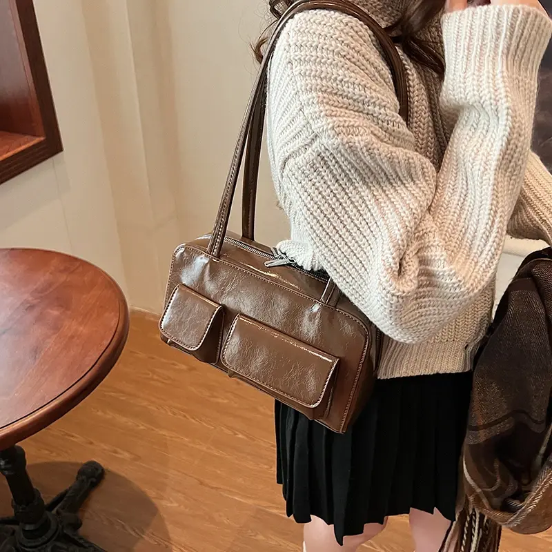 LEFTSIDE Small PU Leather Double Pockets Underarm Bags for Women 2024 Y2K Ladies Shoulder Bag Females Handbags and Purses