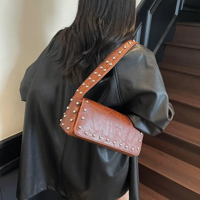 LEFTSIDE Rivets Design PU Leather Shoulder Bag for Women 2025 Winter Luxury Lady Designer Underarm Bags Handbags and Purses
