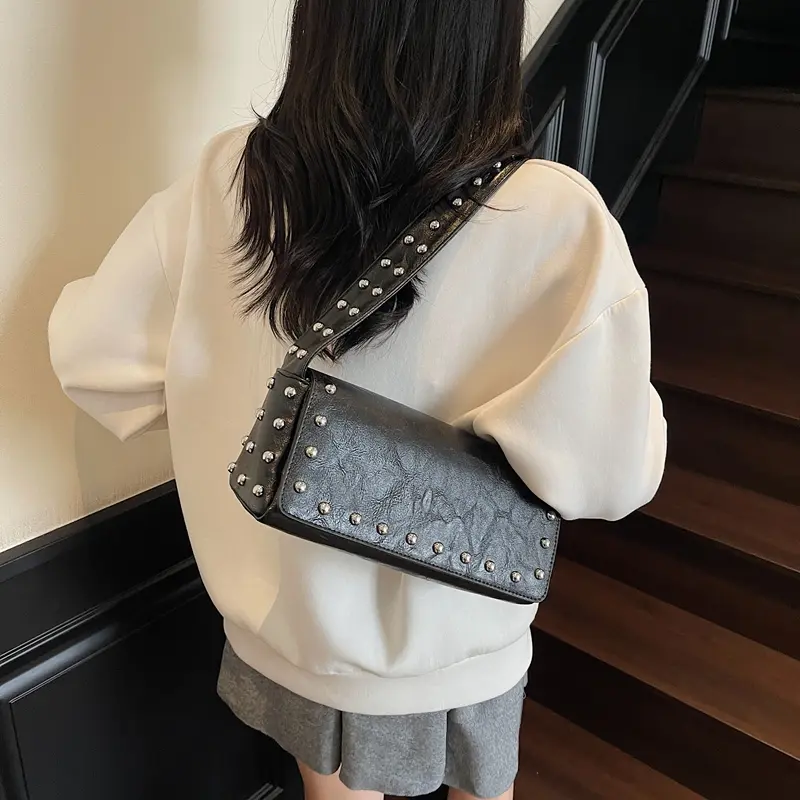 LEFTSIDE Rivets Design PU Leather Shoulder Bag for Women 2025 Winter Luxury Lady Designer Underarm Bags Handbags and Purses