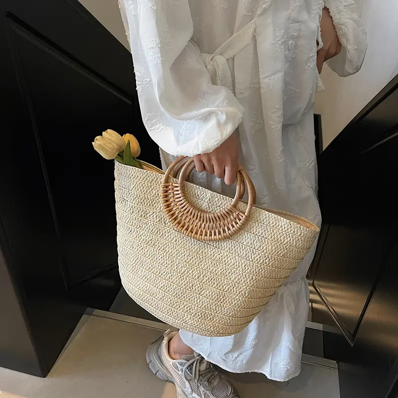LEFTSIDE Big Straw Round Handle Tote Bags for Women 2025 Summer Y2K Ladies Shoulder Bag Females Solid Color Beach Handbags