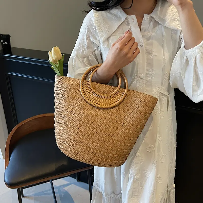 LEFTSIDE Big Straw Round Handle Tote Bags for Women 2025 Summer Y2K Ladies Shoulder Bag Females Solid Color Beach Handbags