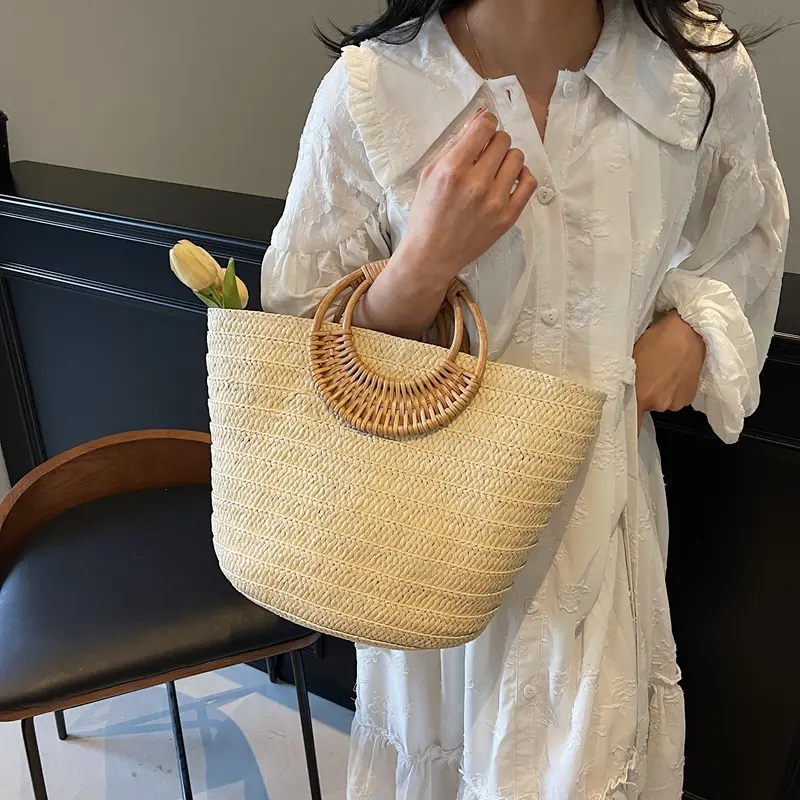 LEFTSIDE Big Straw Round Handle Tote Bags for Women 2025 Summer Y2K Ladies Shoulder Bag Females Solid Color Beach Handbags