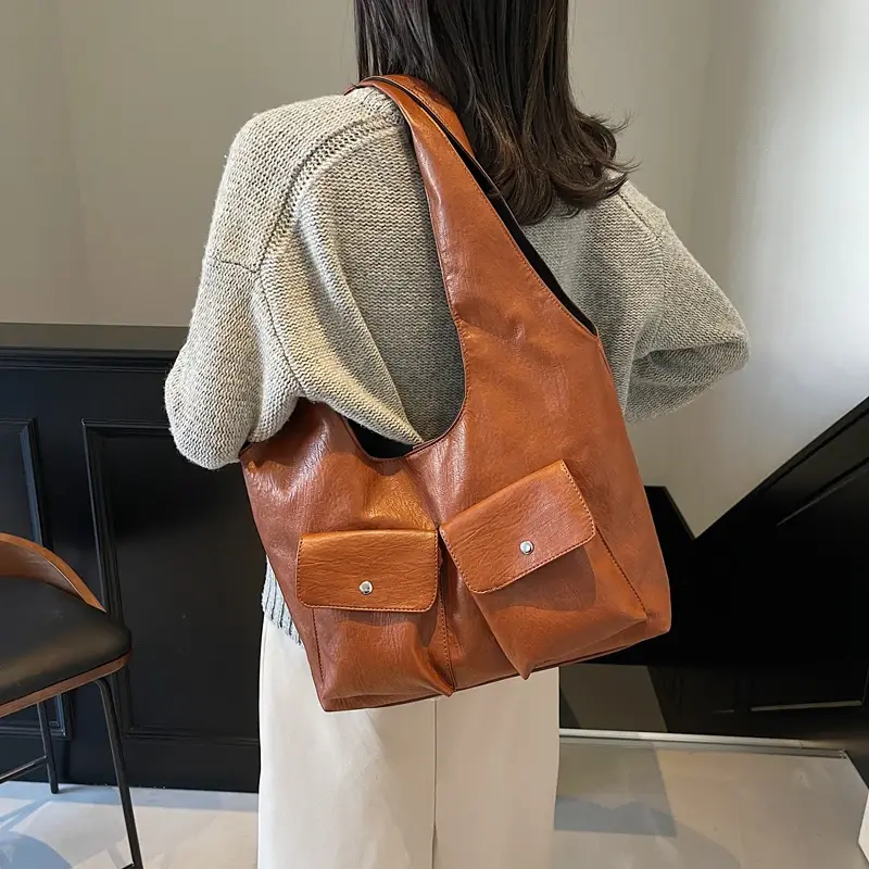 LEFTSIDE Design Big PU Leather Double Pockets Underarm Bags for Women 2024 Winter Y2K New Fashion Shoulder Bag Vintage Handbags