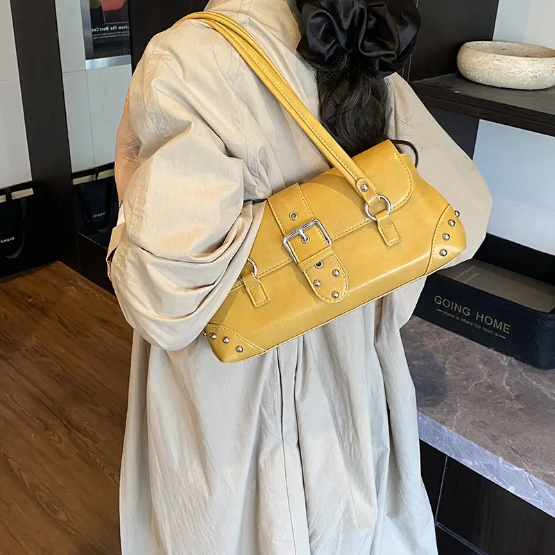 LEFTSIDE Rivets Design PU Leather Shoulder Bag for Women 2025 Winter Luxury Lady New Designer Underarm Bags Handbags and Purses