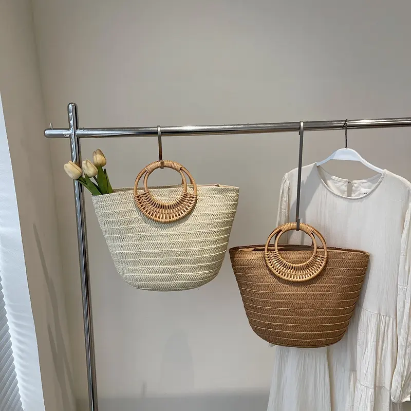LEFTSIDE Big Straw Round Handle Tote Bags for Women 2025 Summer Y2K Ladies Shoulder Bag Females Solid Color Beach Handbags