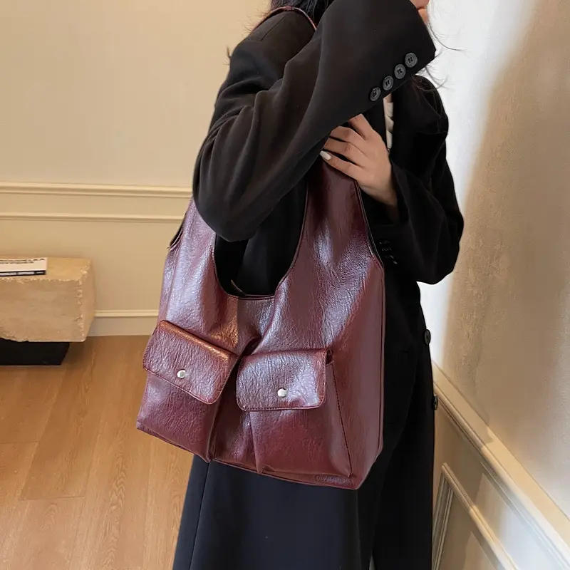 LEFTSIDE Design Big PU Leather Double Pockets Underarm Bags for Women 2024 Winter Y2K New Fashion Shoulder Bag Vintage Handbags