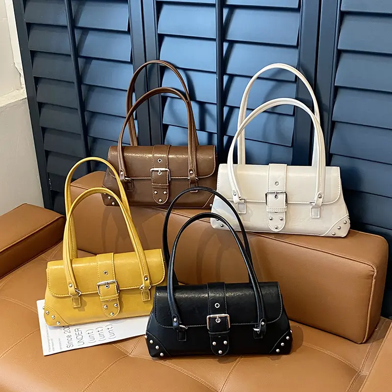 LEFTSIDE Rivets Design PU Leather Shoulder Bag for Women 2025 Winter Luxury Lady New Designer Underarm Bags Handbags and Purses