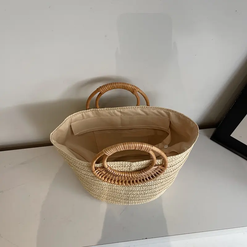 LEFTSIDE Big Straw Round Handle Tote Bags for Women 2025 Summer Y2K Ladies Shoulder Bag Females Solid Color Beach Handbags