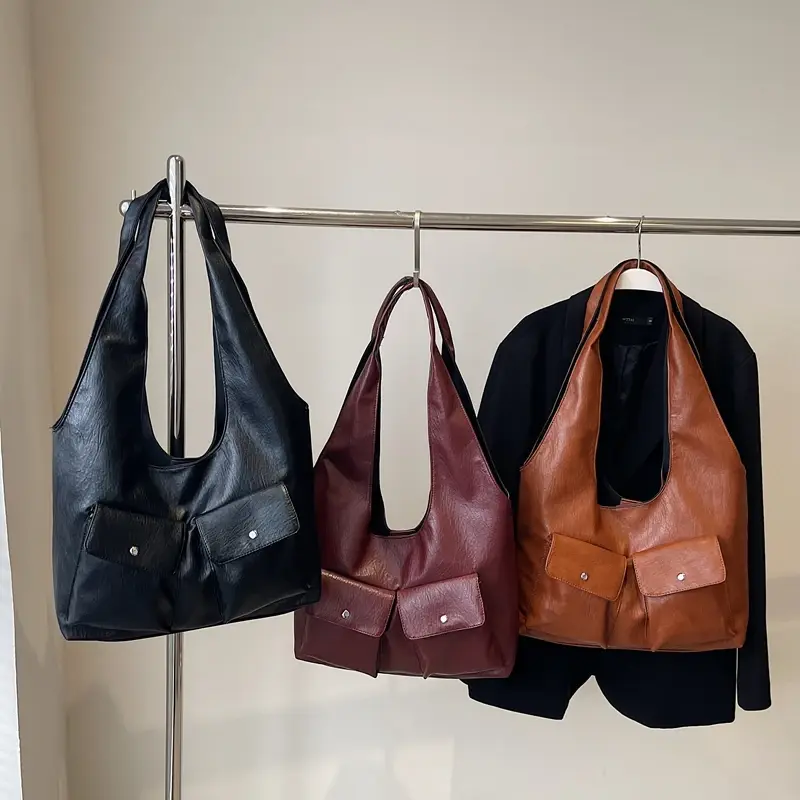 LEFTSIDE Design Big PU Leather Double Pockets Underarm Bags for Women 2024 Winter Y2K New Fashion Shoulder Bag Vintage Handbags