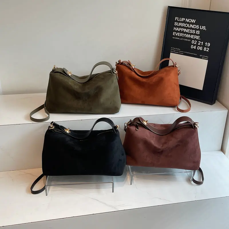 LEFTSIDE Women's Leather Velvet Bucket Bag 2025 Winter New Retro Shoulder Bag Luxury Designer Crossbody Bag Handbags and Purses