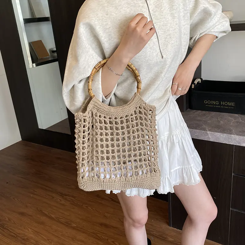 LEFTSIDE 2025 Round Handle Summer Shoulder Bags Lady Travel Handbags Beach Bag Hollow Out Weave New Shopper Shopping Bag