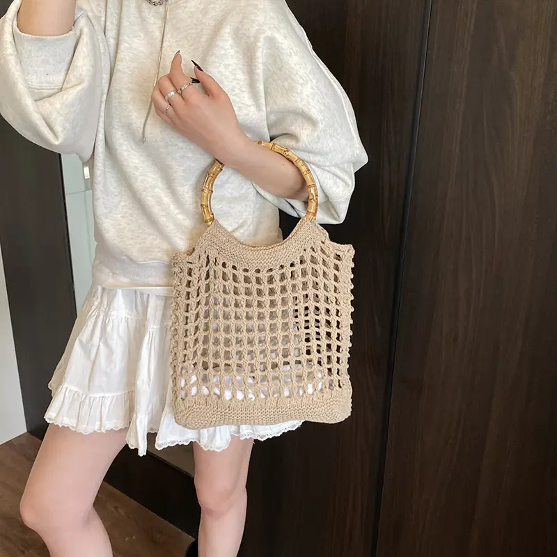 LEFTSIDE 2025 Round Handle Summer Shoulder Bags Lady Travel Handbags Beach Bag Hollow Out Weave New Shopper Shopping Bag
