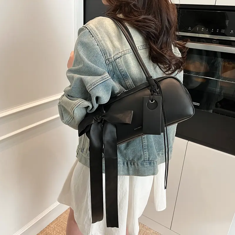 LEFTSIDE Women Ribbon Design Simple Handbags 2025 Spring Luxury Fashion Tote Bag Trend PU Leather Ladies Underarm Shoulder Bags