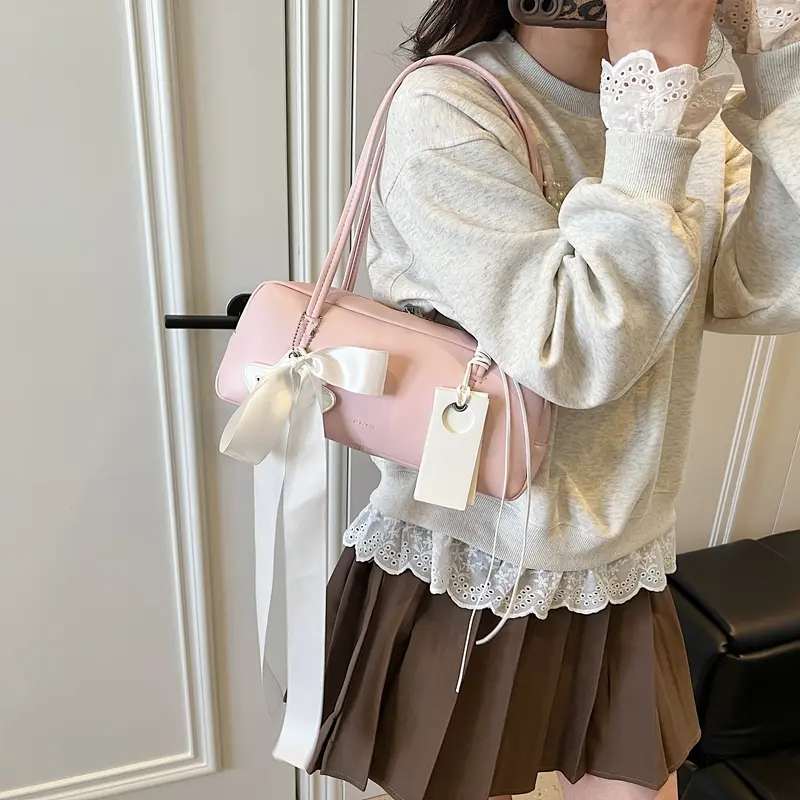 LEFTSIDE Women Ribbon Design Simple Handbags 2025 Spring Luxury Fashion Tote Bag Trend PU Leather Ladies Underarm Shoulder Bags