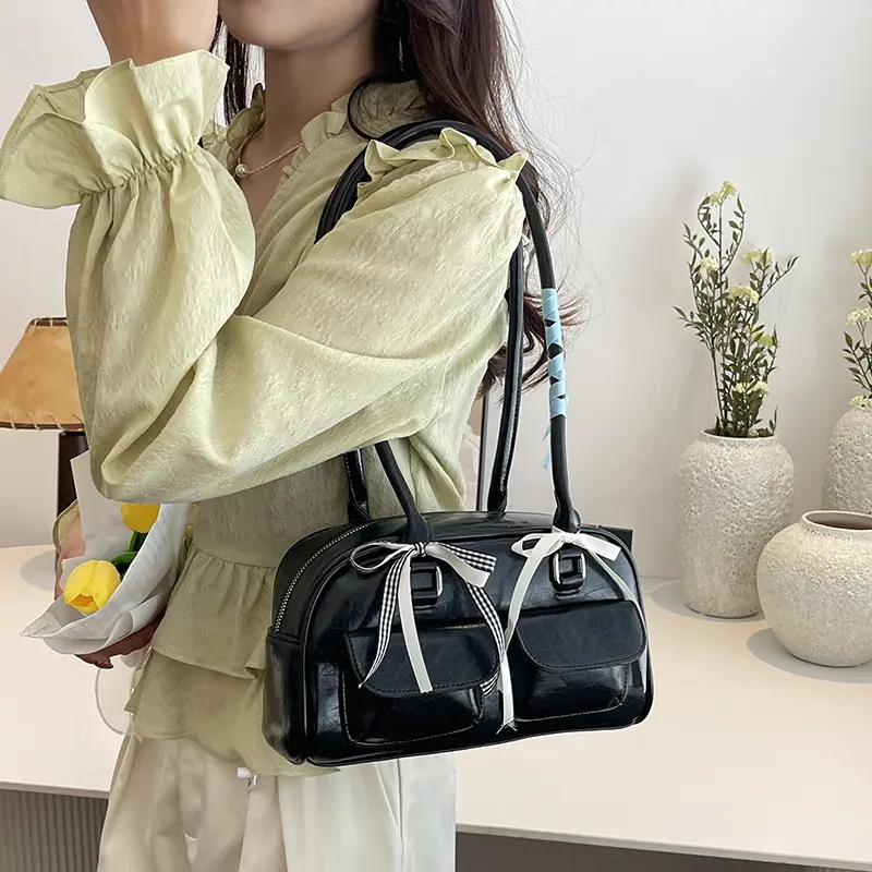 Small Double Pockets Shoulder Bags For Women 2025 Spring New Fashion Trend Designer Ribbon Underarm Bag Females Handbags