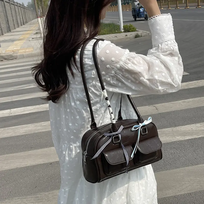Small Double Pockets Shoulder Bags For Women 2025 Spring New Fashion Trend Designer Ribbon Underarm Bag Females Handbags
