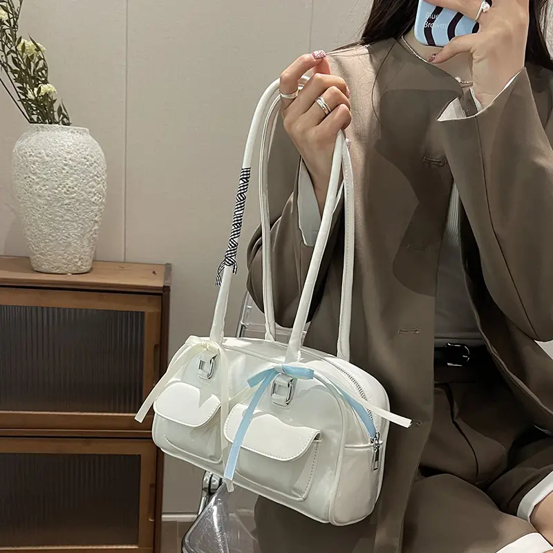 Small Double Pockets Shoulder Bags For Women 2025 Spring New Fashion Trend Designer Ribbon Underarm Bag Females Handbags