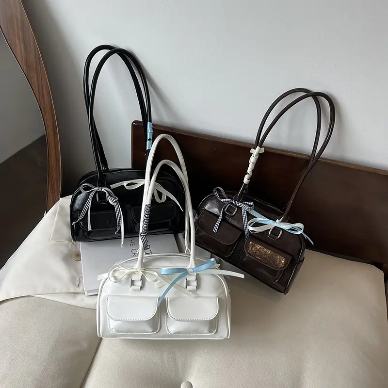 Small Double Pockets Shoulder Bags For Women 2025 Spring New Fashion Trend Designer Ribbon Underarm Bag Females Handbags