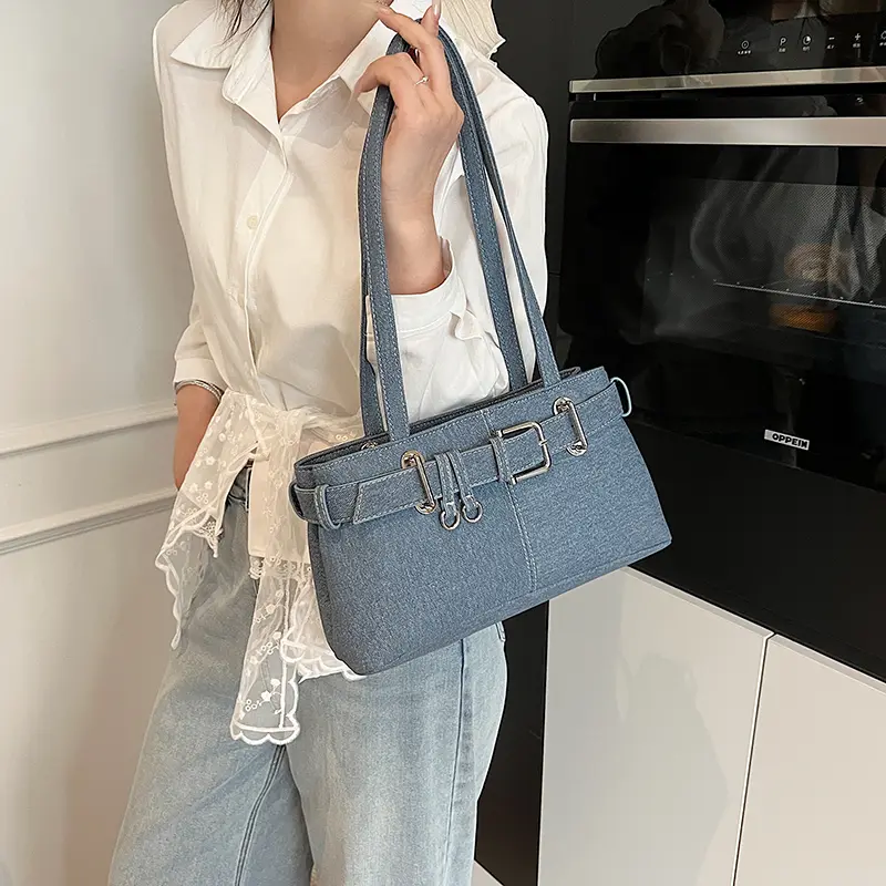 LEFTSIDE Small Denim Solid Color Underarm Bags for Women 2025 Y2K Ladies Shoulder Bag Females Handbags and Purses Tote Bag