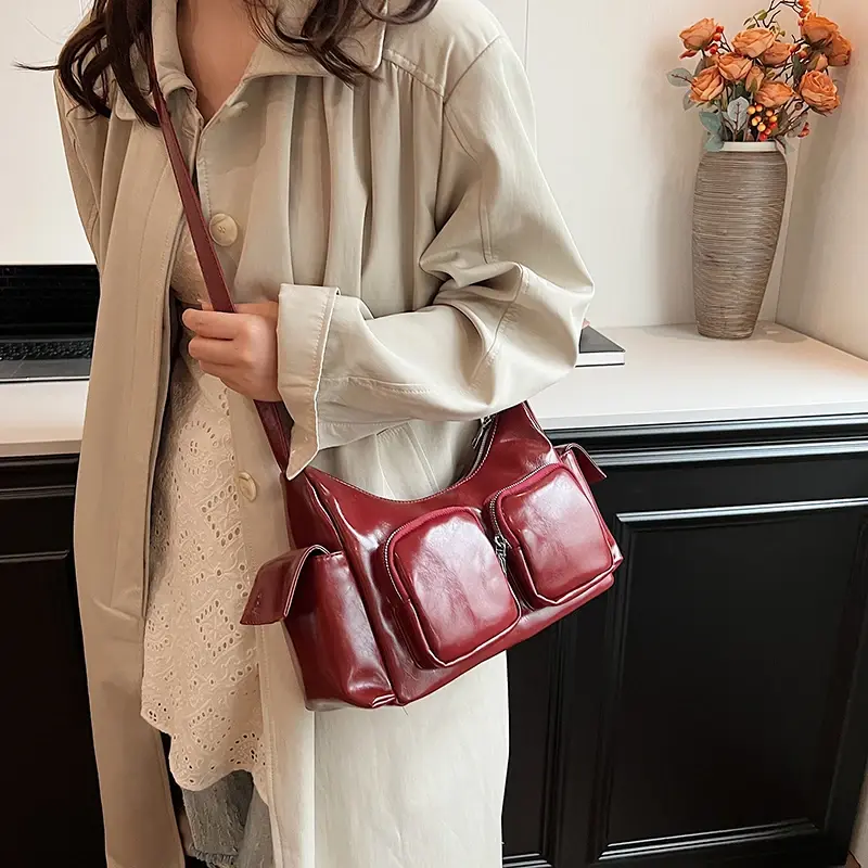 LEFTSIDE Double Pockets Design Retro PU Leather Shoulder Bags For Women 2025 Y2K Fashion Trend Crossbody Bag Female Handbags