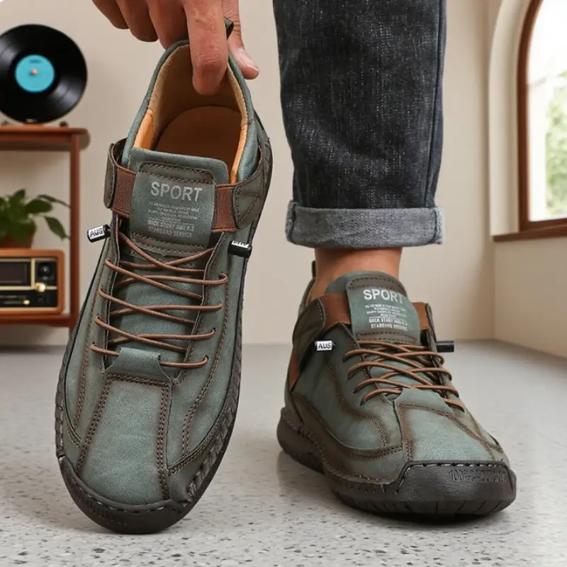 Men's Handmade Leather Sneakers Breathable Design Vintage Brown Style Flexible Walking Boots  Casual Soft Soled Women Loafers