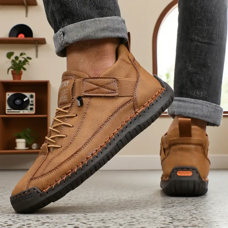 Men's Handmade Leather Sneakers Breathable Design Vintage Brown Style Flexible Walking Boots  Casual Soft Soled Women Loafers