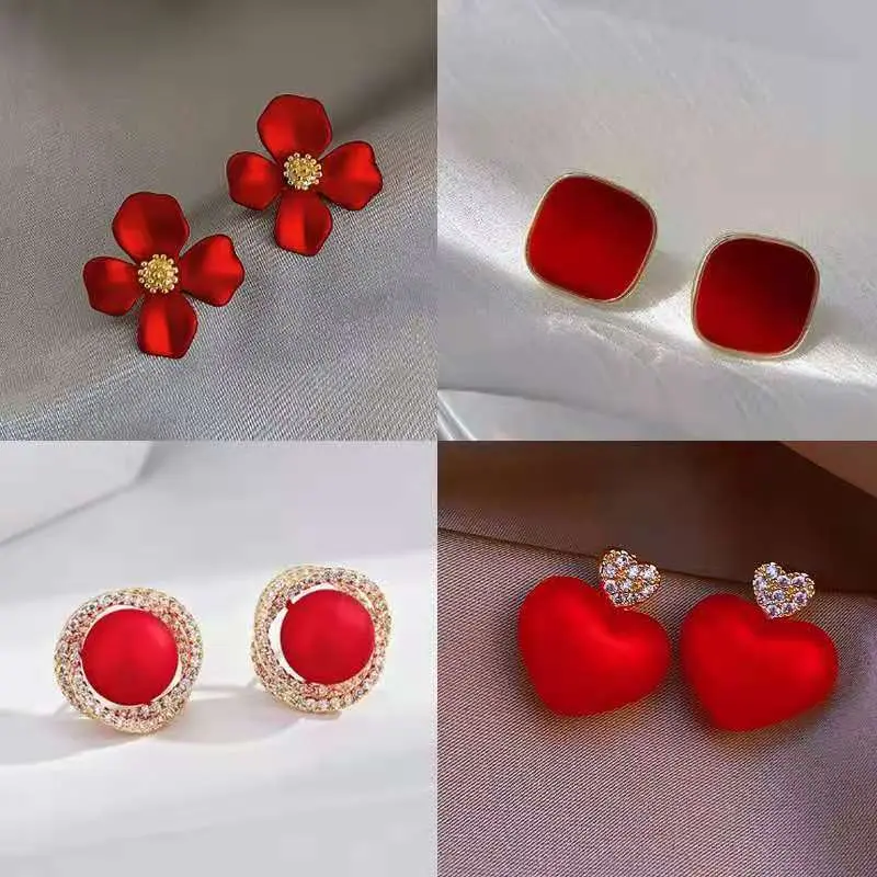 1 Pair New Flower Stud Earrings Red Petal Earring for Woman Korean Fashion Weddings Party Jewelry Accessories Gift