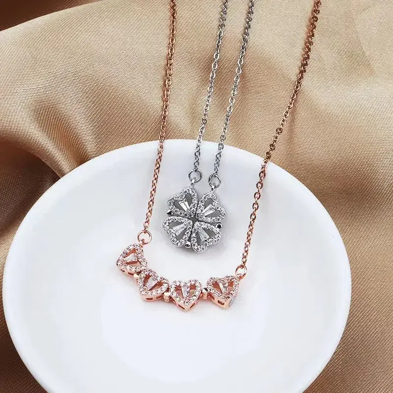 New Love Magnetic Pendant Necklace Ladies Clover Necklace Heart Shaped Clover Necklace Lucky 4 in 1 Love Pendant Jewelry Gift