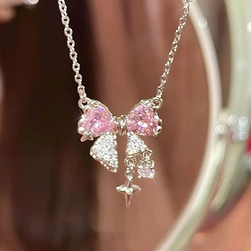 Fashion Arrived Romantic Lovely Pink Bowknot Design Female Exquisite Jewelry Ring Necklace Set Bow Tie Zircon Party Dating Gift