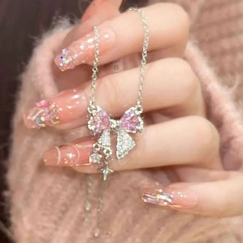 Fashion Arrived Romantic Lovely Pink Bowknot Design Female Exquisite Jewelry Ring Necklace Set Bow Tie Zircon Party Dating Gift