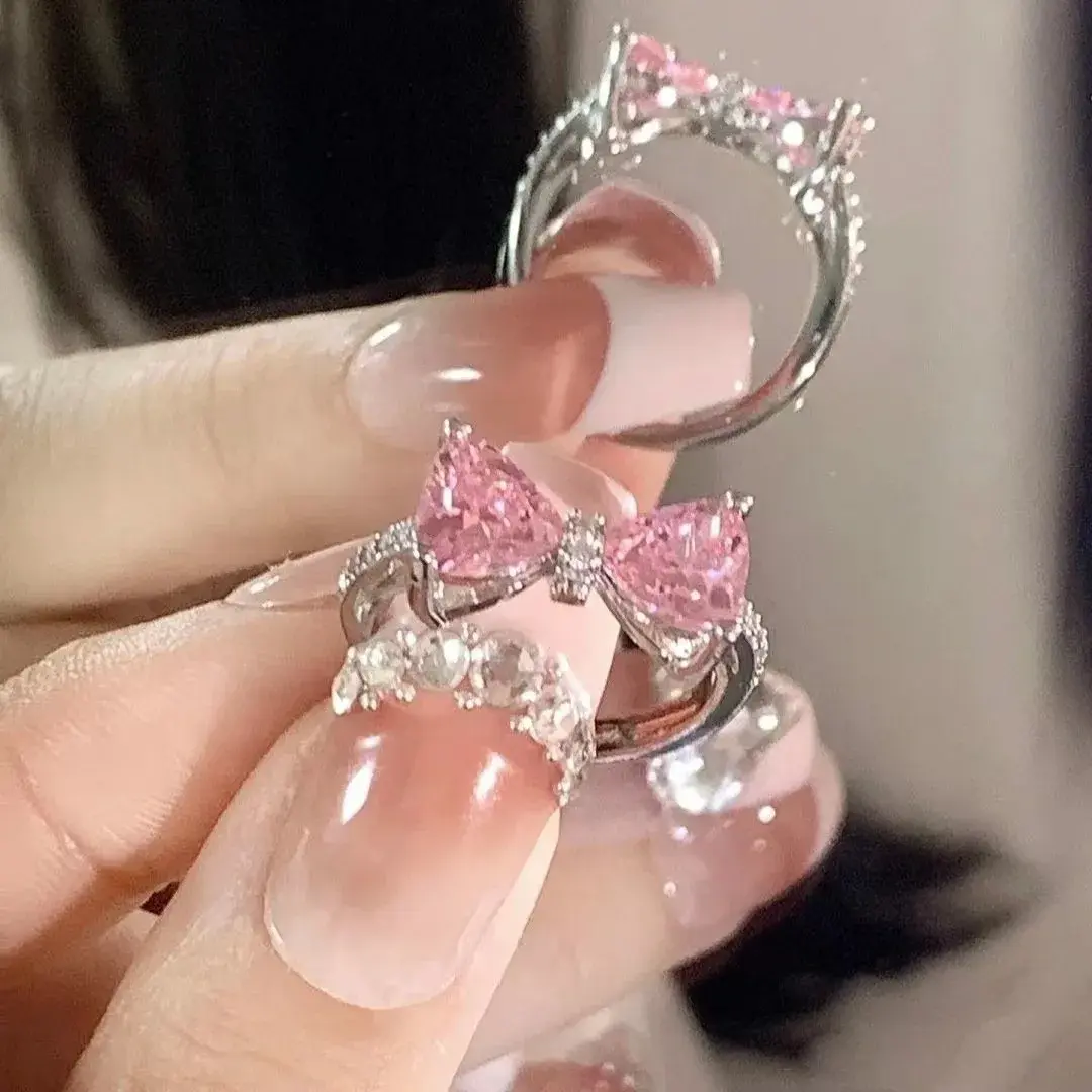 Fashion Arrived Romantic Lovely Pink Bowknot Design Female Exquisite Jewelry Ring Necklace Set Bow Tie Zircon Party Dating Gift