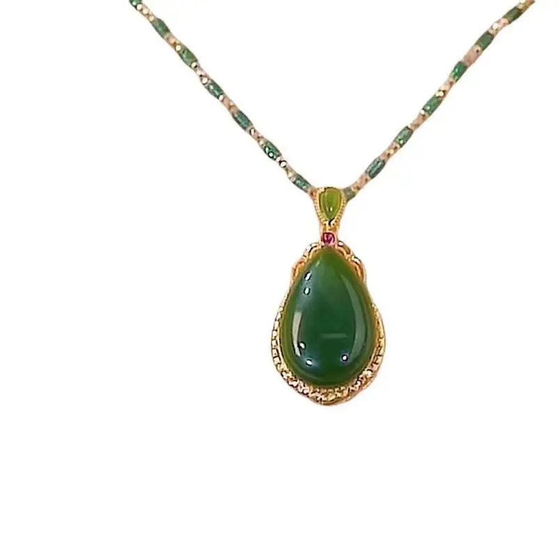 New Natural Green Jasper Water Drop Pendant Necklace Exquisite Fashion Shining Rhinestone Beaded Necklace Women's Party Jewelry