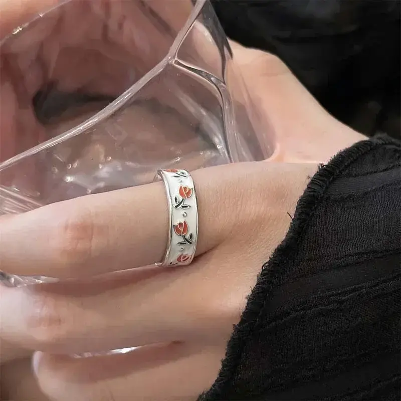 Small Fresh Cute Vintage Enamel Tulip Flower Rings for Women Fashion Simple Sliver Color Adjustable Opening Finger Women Ring