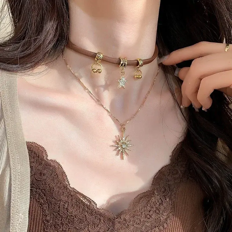 New Y2K Shiny Five-pointed StarStar Tassel Pendant Necklace for Women Fashion Jewelry Sunflower Brown Leather Necklace