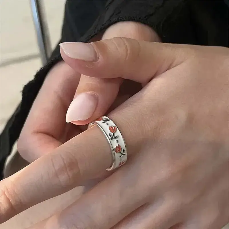 Small Fresh Cute Vintage Enamel Tulip Flower Rings for Women Fashion Simple Sliver Color Adjustable Opening Finger Women Ring