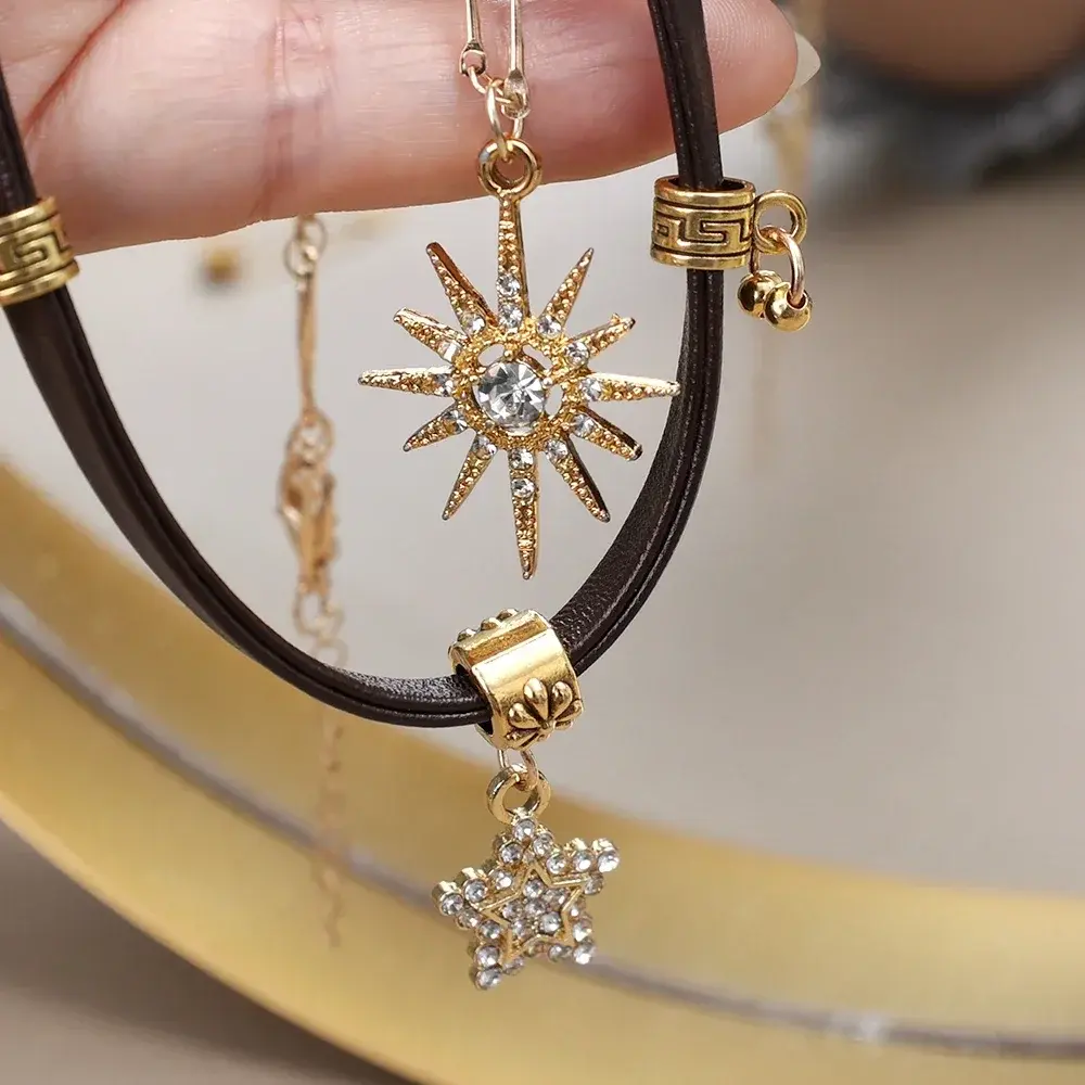 New Y2K Shiny Five-pointed StarStar Tassel Pendant Necklace for Women Fashion Jewelry Sunflower Brown Leather Necklace