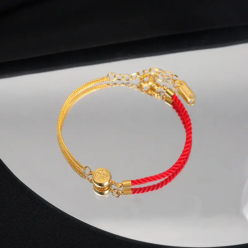 Fashion Simple Stainless Steel Blessing Charm Bracelets Bangles Women Ethnic Lucky Red Rope Chain Link Bracelet Jewelry Pulseras