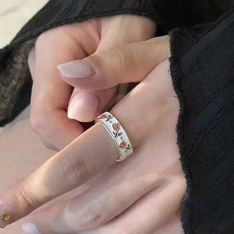 Small Fresh Cute Vintage Enamel Tulip Flower Rings for Women Fashion Simple Sliver Color Adjustable Opening Finger Women Ring