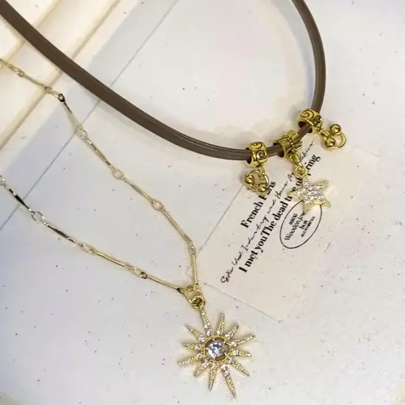 New Y2K Shiny Five-pointed StarStar Tassel Pendant Necklace for Women Fashion Jewelry Sunflower Brown Leather Necklace