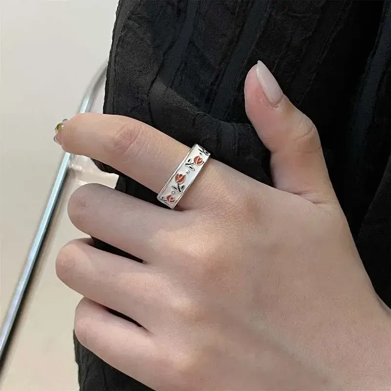 Small Fresh Cute Vintage Enamel Tulip Flower Rings for Women Fashion Simple Sliver Color Adjustable Opening Finger Women Ring