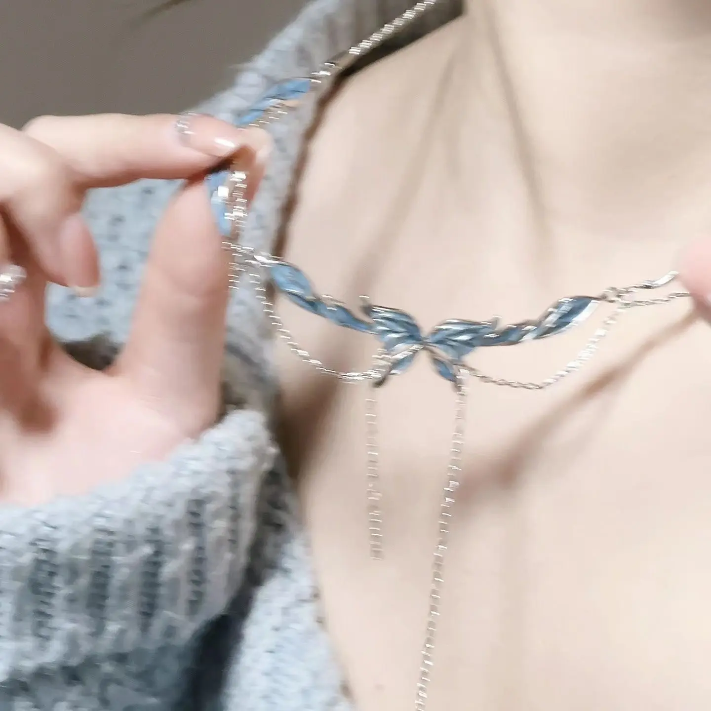 Fashion Zircon Butterfly Necklace Layer Blue Four-pointed Ins Style Light Luxury Clavicle Chain Women Girlfriend Jewelry Gift