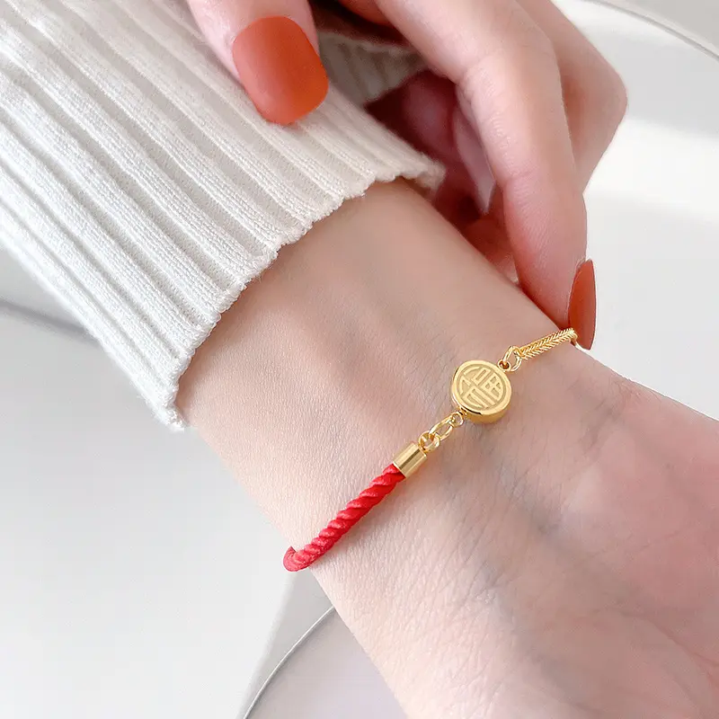 Fashion Simple Stainless Steel Blessing Charm Bracelets Bangles Women Ethnic Lucky Red Rope Chain Link Bracelet Jewelry Pulseras