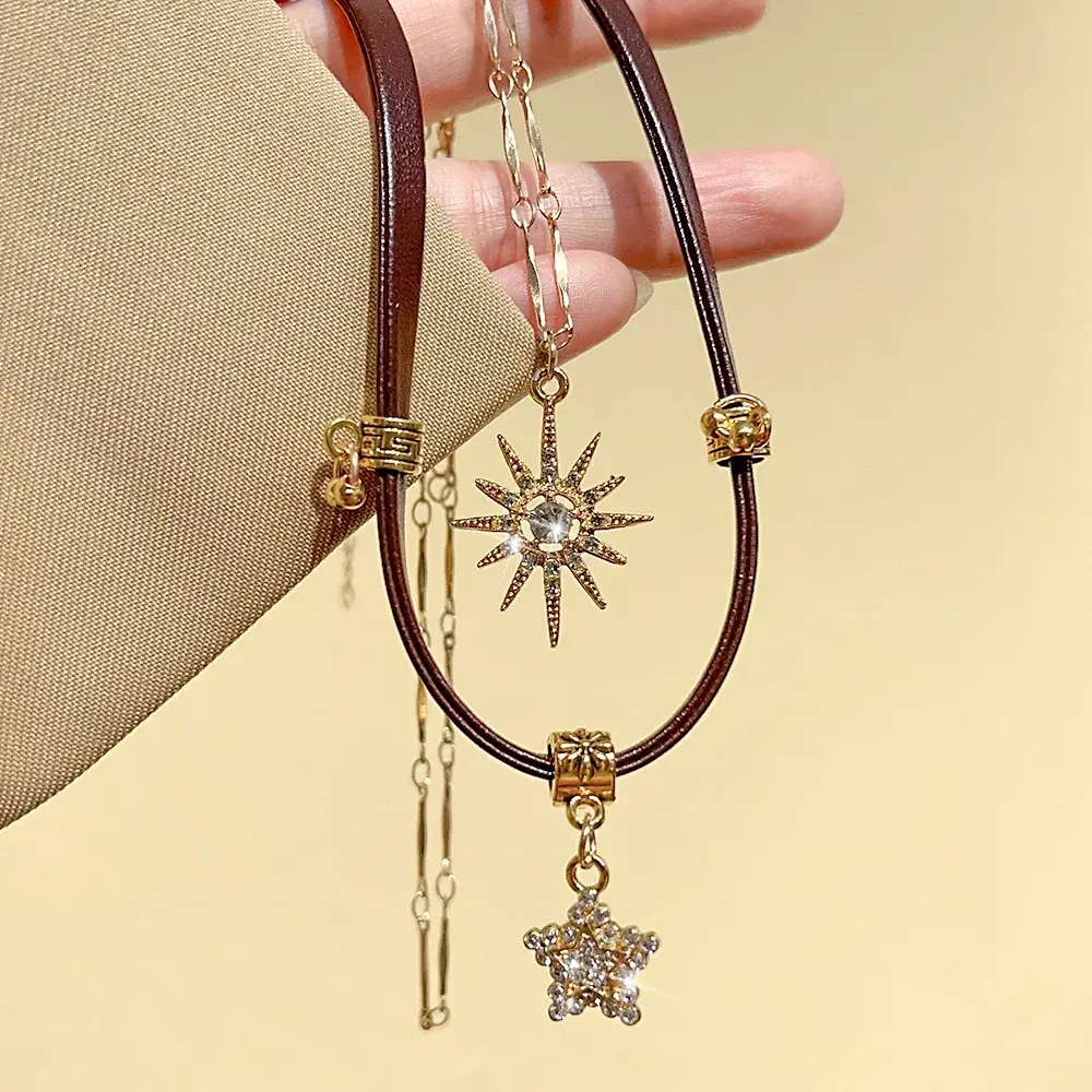 New Y2K Shiny Five-pointed StarStar Tassel Pendant Necklace for Women Fashion Jewelry Sunflower Brown Leather Necklace