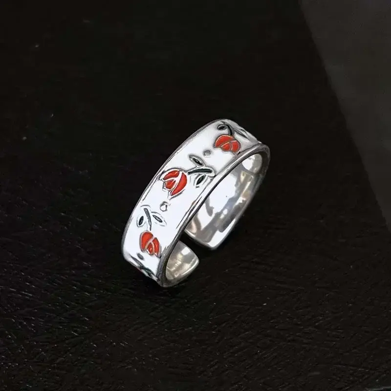 Small Fresh Cute Vintage Enamel Tulip Flower Rings for Women Fashion Simple Sliver Color Adjustable Opening Finger Women Ring