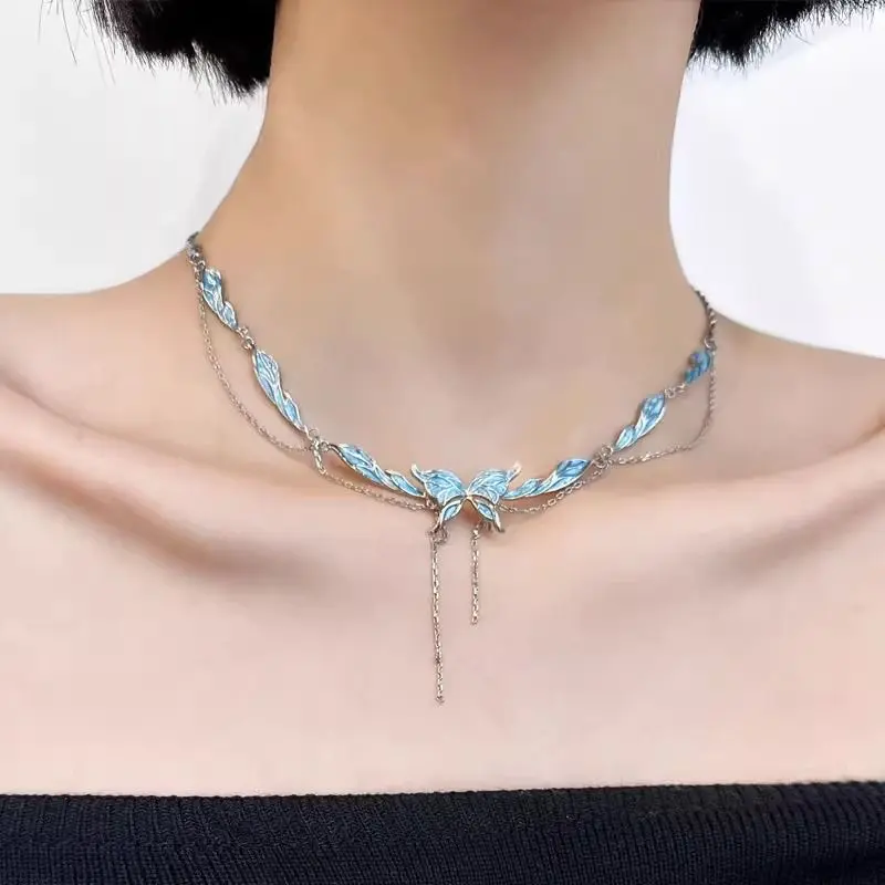 Fashion Zircon Butterfly Necklace Layer Blue Four-pointed Ins Style Light Luxury Clavicle Chain Women Girlfriend Jewelry Gift