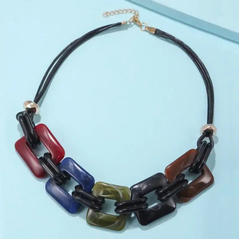 New Fashion Geometric Square Acrylic Sweater Chain Necklace, Leather Rope Women Trendy Jewelry